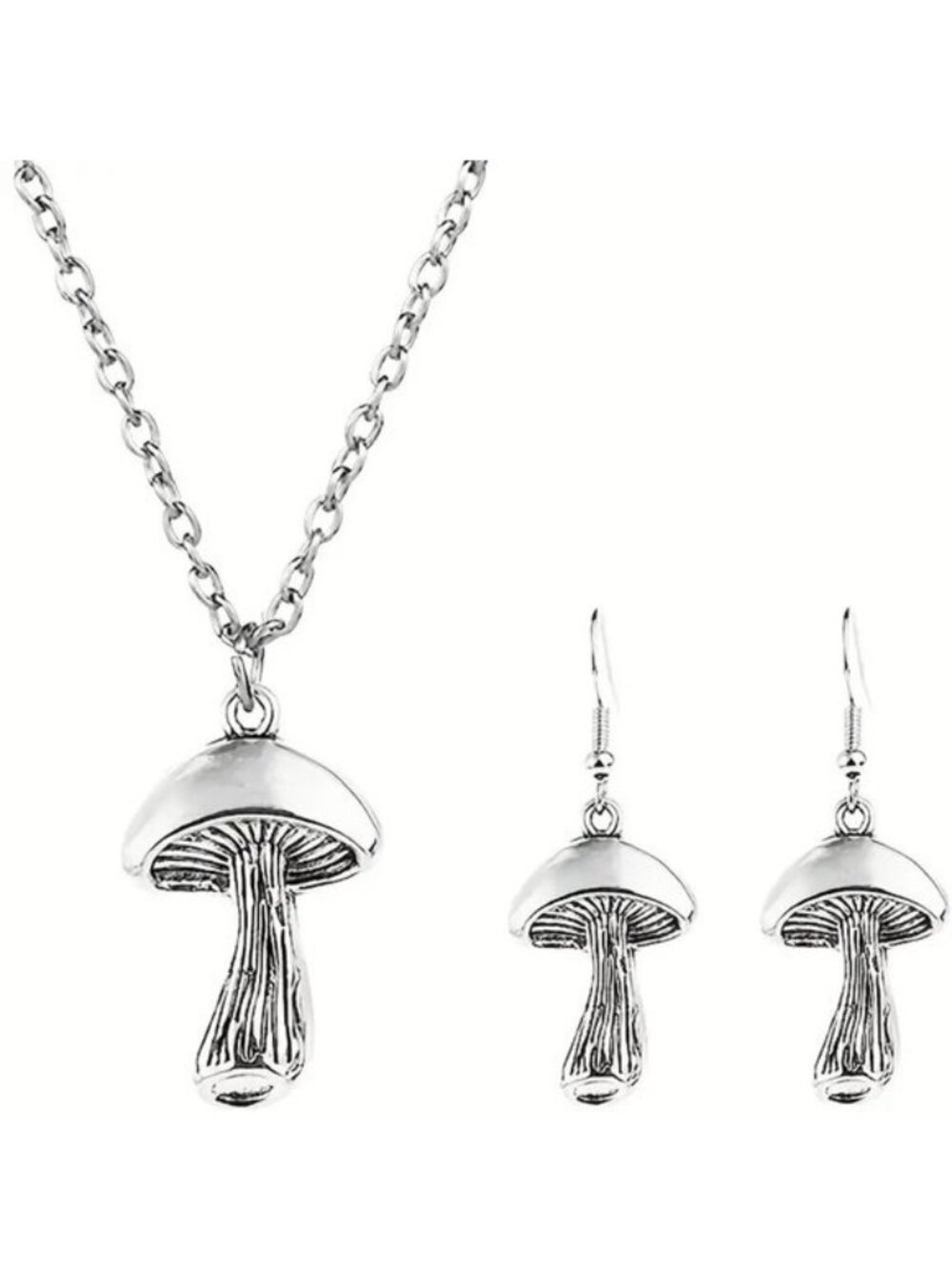 Mushroom Necklace & Earrings 3pc Set Dangle Silver Boho Wonderland Trippy Trendy